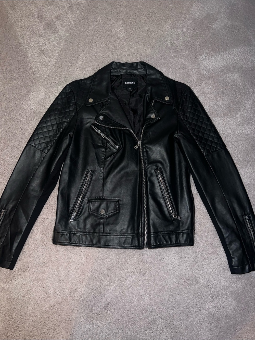 Express Black Quilted-Shoulder Leather Moto Jacket